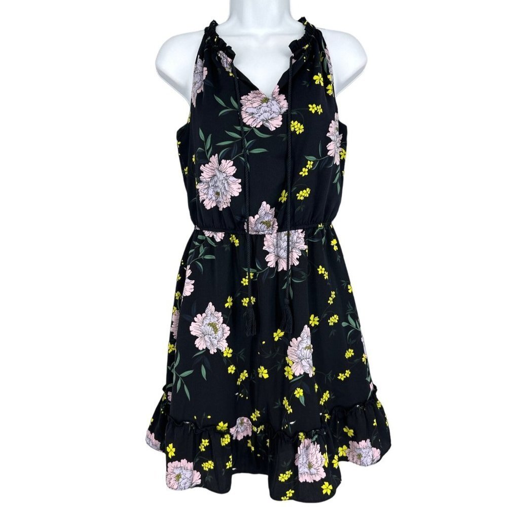 Cupcakes & Cashmere Black Lavender Floral Tassel Ruffle Tunic Dress Size S